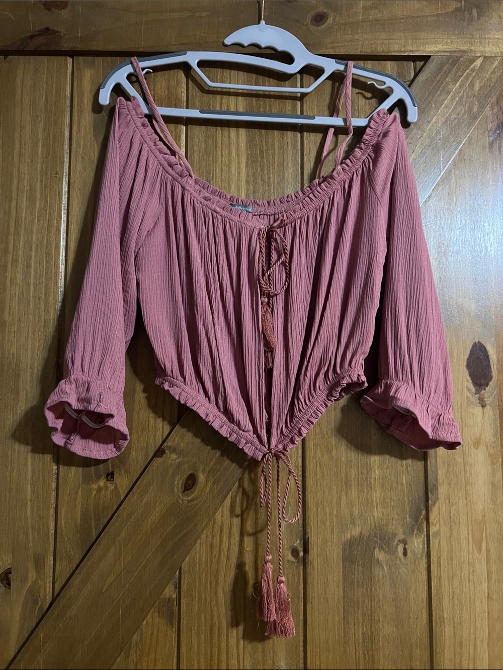 Charlotte Russe Mauve Pink Off-Shoulder Crop Top with Tassel Drawstrings Med